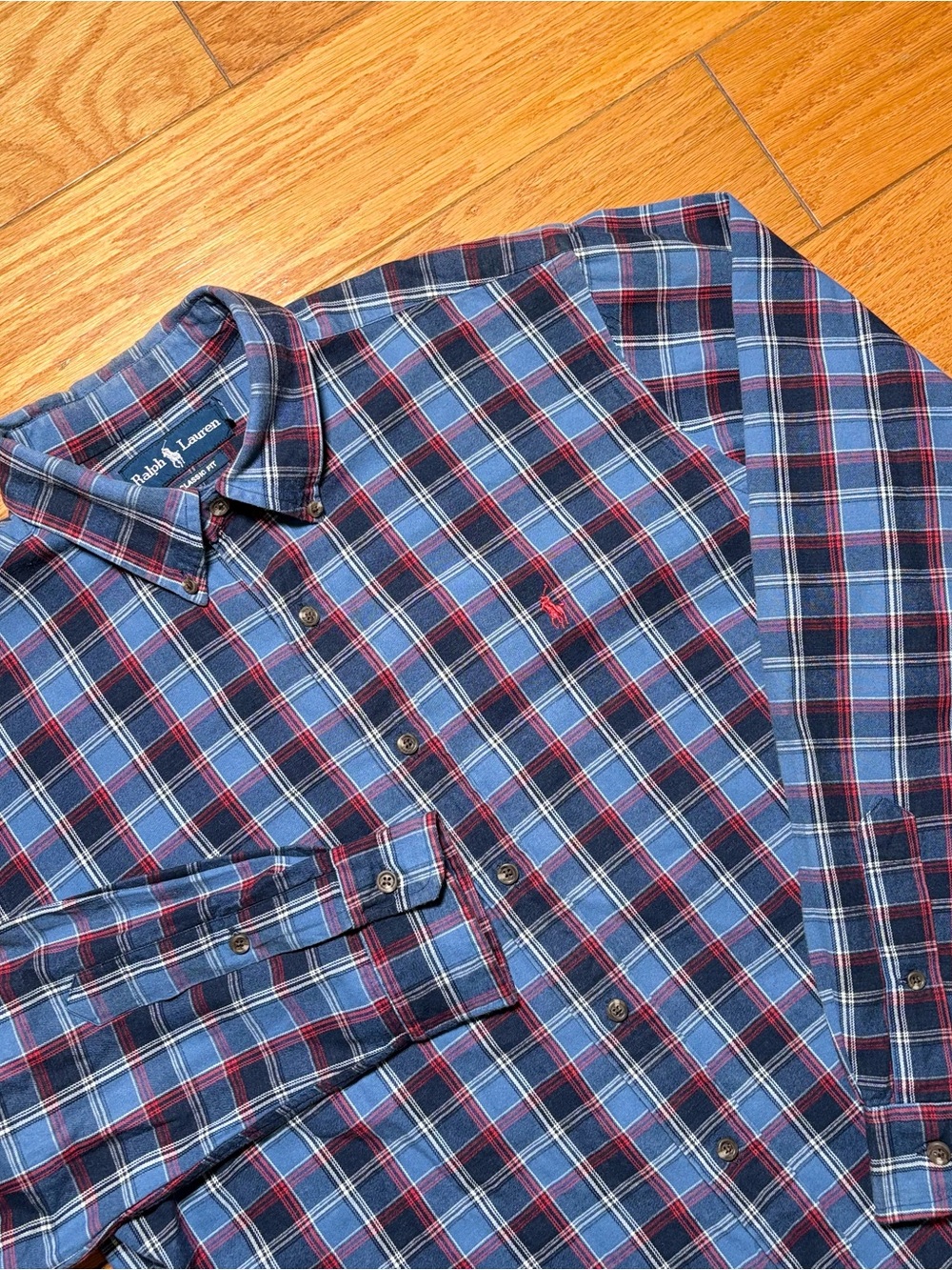 Ralph Lauren Navy and Light Blue Plaid Button-Down Shirt with Red Accent